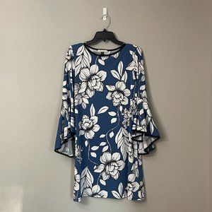 Prelude - Blue Floral Print Long Flutter Sleeve Dress - M